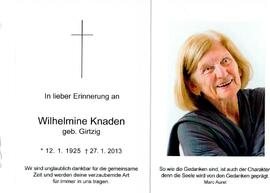 Sterbebild Wilhelmine Knaden