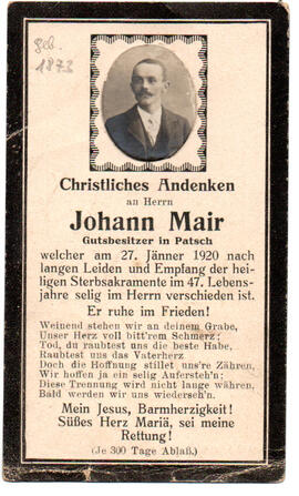 Sterbebild Johann Mair, Gutsbesitzer in Patsch, gest. 27.01.1920