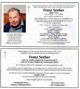 Sterbebild Franz Seeber, "Weger Franz" 23.2.1930 - 7.2.2019