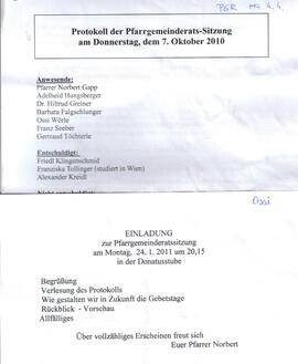 Pfarre Patsch, Pfarrgemeinderat, Protokoll zur Pfarrgemeinderatssitzung (7.10.2010), Einladung, 2...