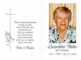 Sterbebild Leopoldine Haller; 25.1.1940 - 20.12.2018