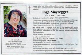 Sterbebild Inge Mayregger, "Klauden Inge", 12.5.1950 - 18.2.2019