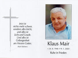 Sterbebild Klaus Mair 24.08.1948 - 09.01.2020; Letzter Bauer beim Florl
