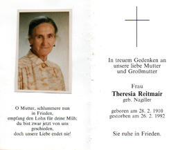 Sterbebild Theresia Reitmair, gest. 26.02.1992