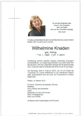 Todesanzeige von Frau Wilhelmine Knaden - eine "gut integrierte Patscherin"