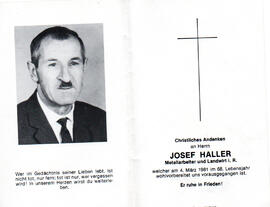 Sterbebild Josef Haller, vulgo Dominig, Metallarbeiter und Landwirt i.R., gest. 04.03.1981 im 68....