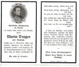Sterbebild Maria Troger, geb Knoflach, gest. am 11.11.1952 im 61. Lj.