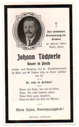 Sterbebild Johann Töchterle, gest im Alter von 86 Jahren.