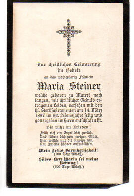 Sterbebild Maria Steiner, gest. 14.03.1897 im 22. Lj.