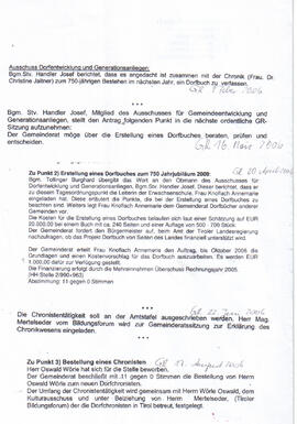 Gemeindeamt Patsch, Bestellung eines Ortschronisten, Erstellung eines Dorfbuches, Gemeinderatsbes...