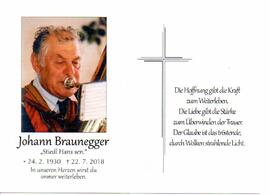 Sterbebild Johann Braunegger, 24.2.1930 - 22.7.2018