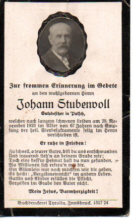 Sterbebild von Johann Stubenvoll, Gutsbesitzer in Patsch, gest. am 29.11.1923 im Alter von 68 Jahren