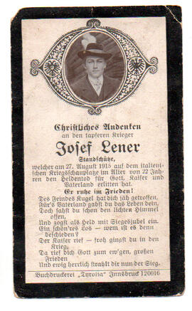 Sterbebild Josef Lener, Standschütze, gefallen am 27.08.1915 auf dem italienischen Kriegsschauplatze