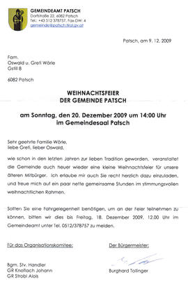 Gemeinde Patsch, Einladung zur Weihnachtsfeier