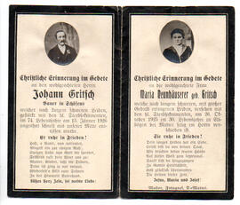 Sterbebild Johann Gritsch, Bauer in Schöfens und Maria Neunhäuserer geb. Gritsch, gest. am 26.10....