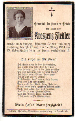 Sterbebild Kreszenz Fiedler, gest. am 17.03.1914 im 19. Lj.