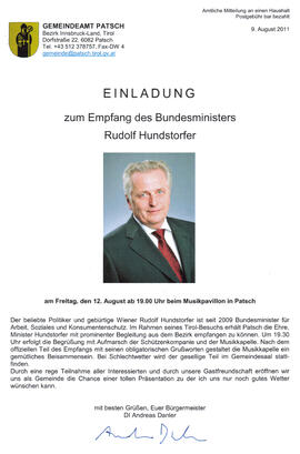 Empfang des Bundesministers Rudolf Hundstorfer in Patsch