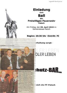 Feuerwehr Patsch, Einladung zum Feuerwehrball mit Zeitungsbericht (Bezirksblatt v. 14.4.2010