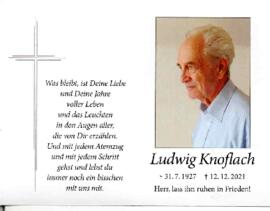 Sterbebild Ludwig Knoflach, geb. 31.07.1927, gest. 12.12.2021, und Todesanzeige in der Tir. Tages...