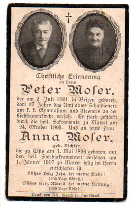 Sterbebild von Peter und Anna Moser, gest 24.10.1905 bzw. 01.01. 1907