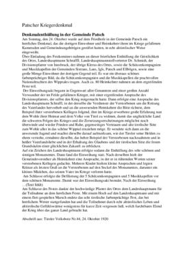 Einweihung des Kriegerdenkmals in Patsch, Zeitungsbericht vom 24.10.1920, Abschrift; Entwurf und ...