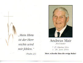 Sterbebild Andreas Mair vlg. Florl Ander, 27.10.1914 - 28.06.2004
