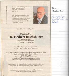 Todesanzeige Dr. Herbert Reichsöllner