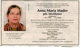 Sterbebild Annemarie Mader, geb. Stöckholzer, 3o.6.1939 - 2.4.2019