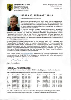 Informationsblatt 08/20; Informationen zu Covid-19 Pandemie
