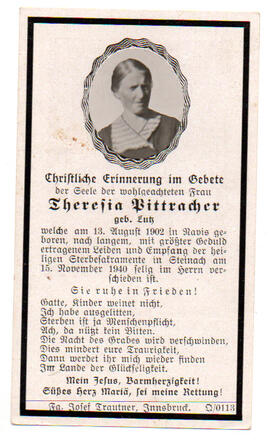 Sterbebild Theresia Pittracher geb. Lutz, geb. am 13.08.1902 in Navis, gest. am 15.11.1940 in Ste...