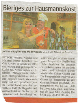 Cafe' Altwirt in Patsch, Werbung; Johanna Nagiller führt die Familientradition "Altwirt&quot...