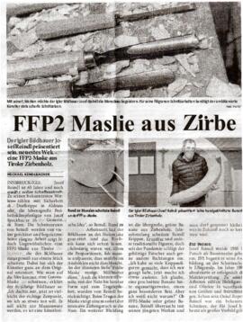 Schnitzer Josef Reindl präsentiert FFP2-Maske aus Zirbenholz