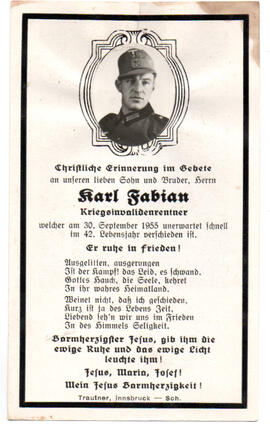 Sterbebild Karl Fabian, Kriegsinvalidenrentner, gest. 30.09.1955 im 42. Lj.