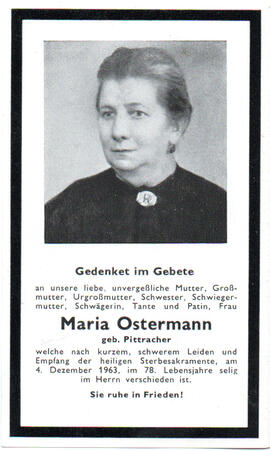 Sterbebild Maria Ostermann geb. Pittracher, gest. am 04.12.1963 im 78. Lj.
