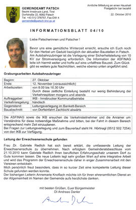 Gemeindeamt Patsch, Informationsblatt 04/10, Mitteilungen des Bürgermeisters