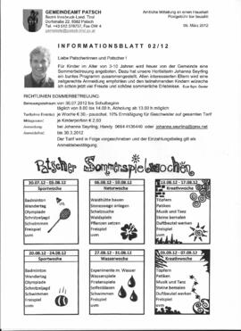 Gemeindeamt, Informationsblatt 02/12 mit Informationen zur Sommerbetreuung