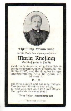 Sterbebild Maria Knoflach, Gutsbesitzerin in Patsch, gest.am 23.04.1935 im 66. Lj.