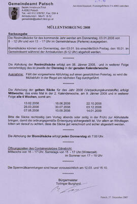 Gemeinde Patsch, Mitteilung über Müllentsorgung 2008