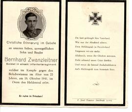 Sterbebild Bernhard Zwanzleitner, Soldat in einem Infantrieregiment, gefallen im Alter von 22 Jah...