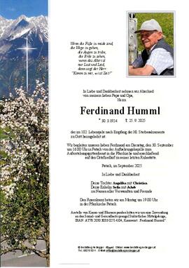 Sterbebild Ferdinand Humml