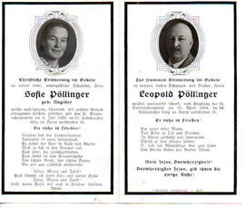 Sterbebild Sofie Pöllinger geb. Nagiller und Leopold Pöllinger, gest. am 10.04.1954