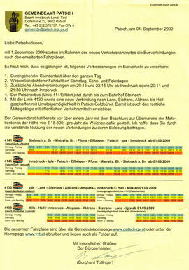 Neuer Bus-Fahrplan ab 1.9.2009 Linie Innsbruck - Steinach im Rahmen des neuen Verkehrskonzeptes