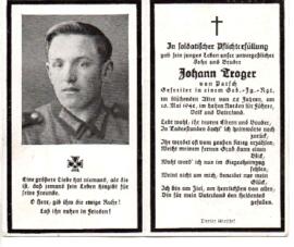 Sterbebild Johann Troger, gefallen im Alter von 22 Jahren am 16. Mai 1942 im hohen Norden