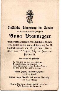 Sterbebild Anna Braunegger, gest. am 16.02.1910 im Alter von 17 Jahren
