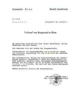 Verkauf von Baugrund in Rinn