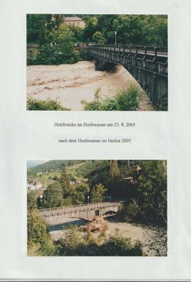 Holzbrücke im und nach dem Hochwasser
