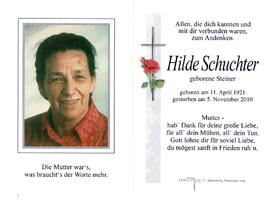Schuchter Hilde geborene Steiner, 1921 - 2010