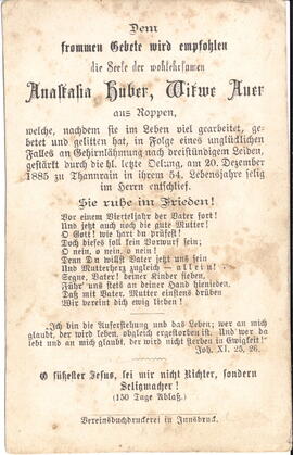Huber Anastasia, Witwe Auer 1831 - 1885