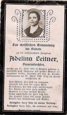Leitner Adelina, Bauerstochter 1901 - 1922