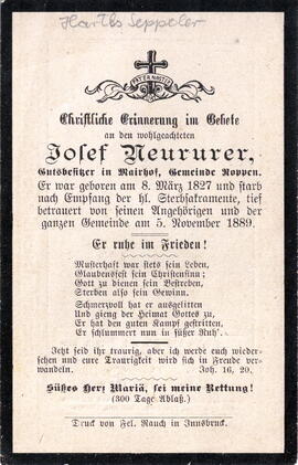 Neururer Josef Gutsbesitzer in Mayrhof 1827 - 1889